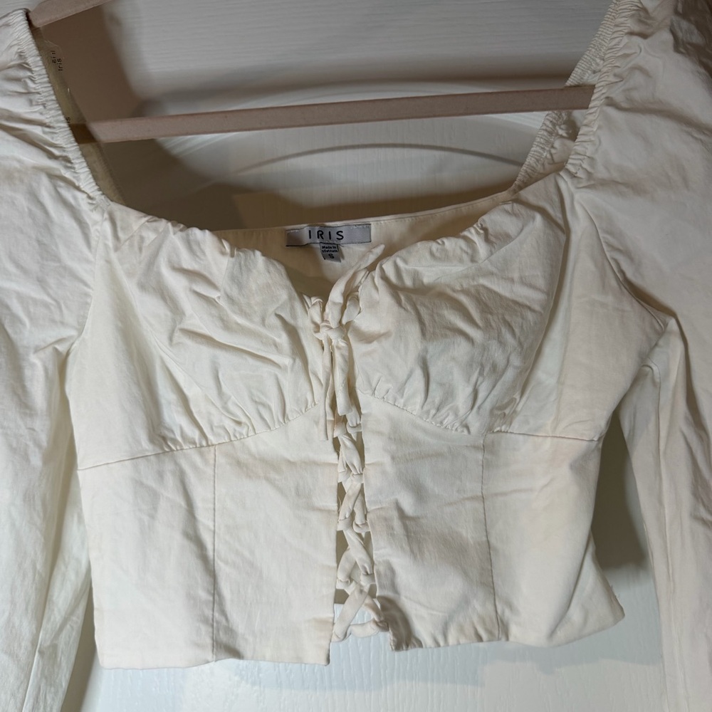 Iris Off-White Corset Lace-Up Peasant Crop Top Small - Picture 3 of 5